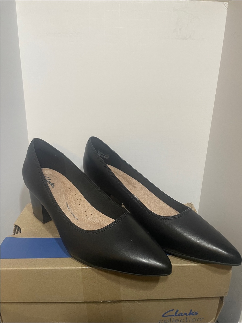 Clarks Black Leather Pointed Block Heel Pumps